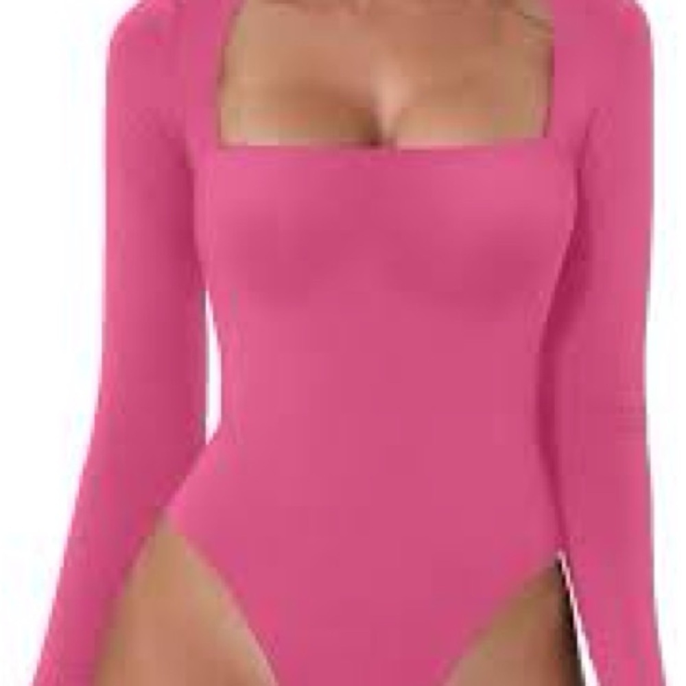Qinsen Hot Pink Long Sleeve Bodysuit, Large